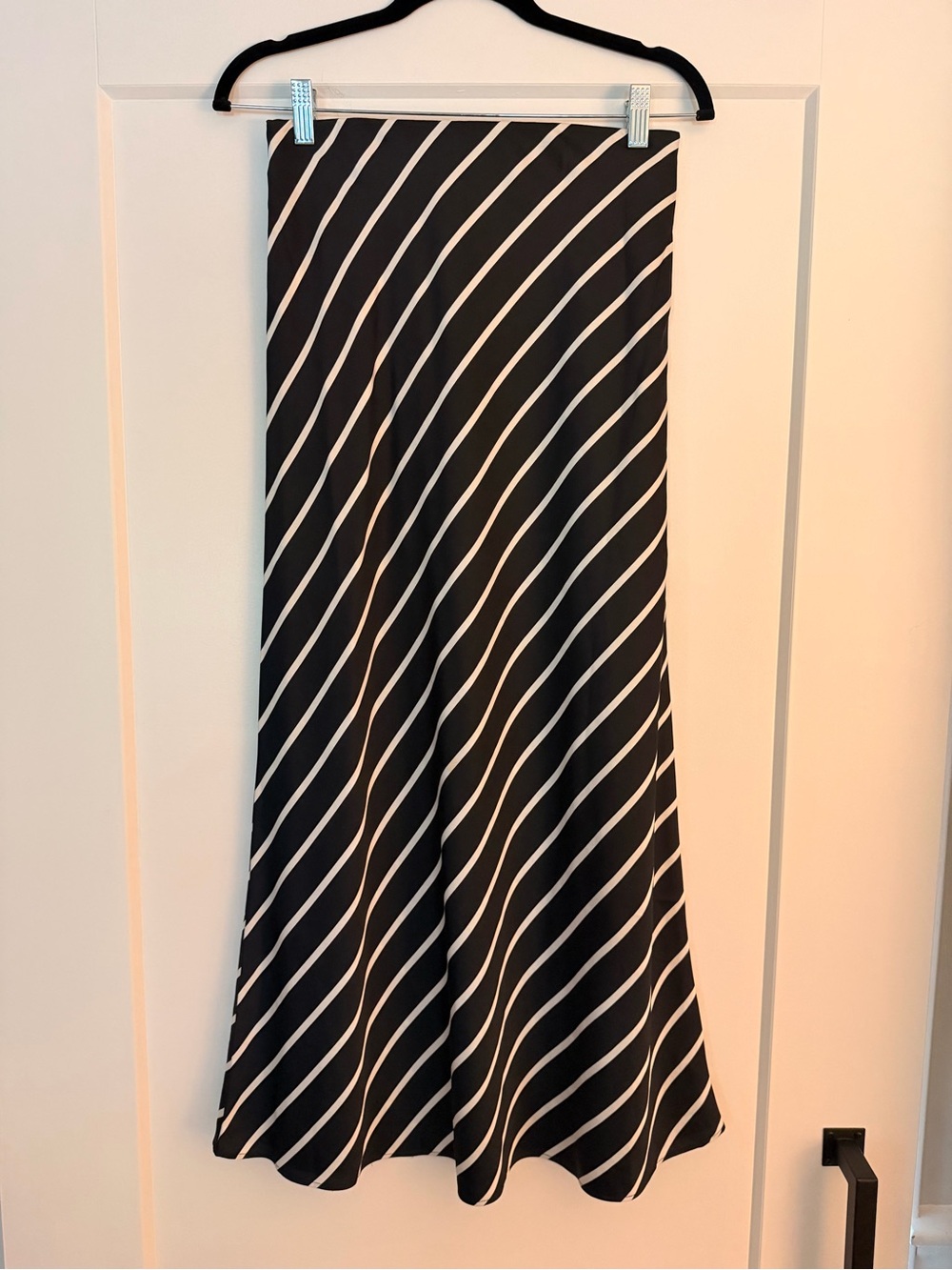 LOFT Black Satin Maxi Skirt with White Diagonal Stripes